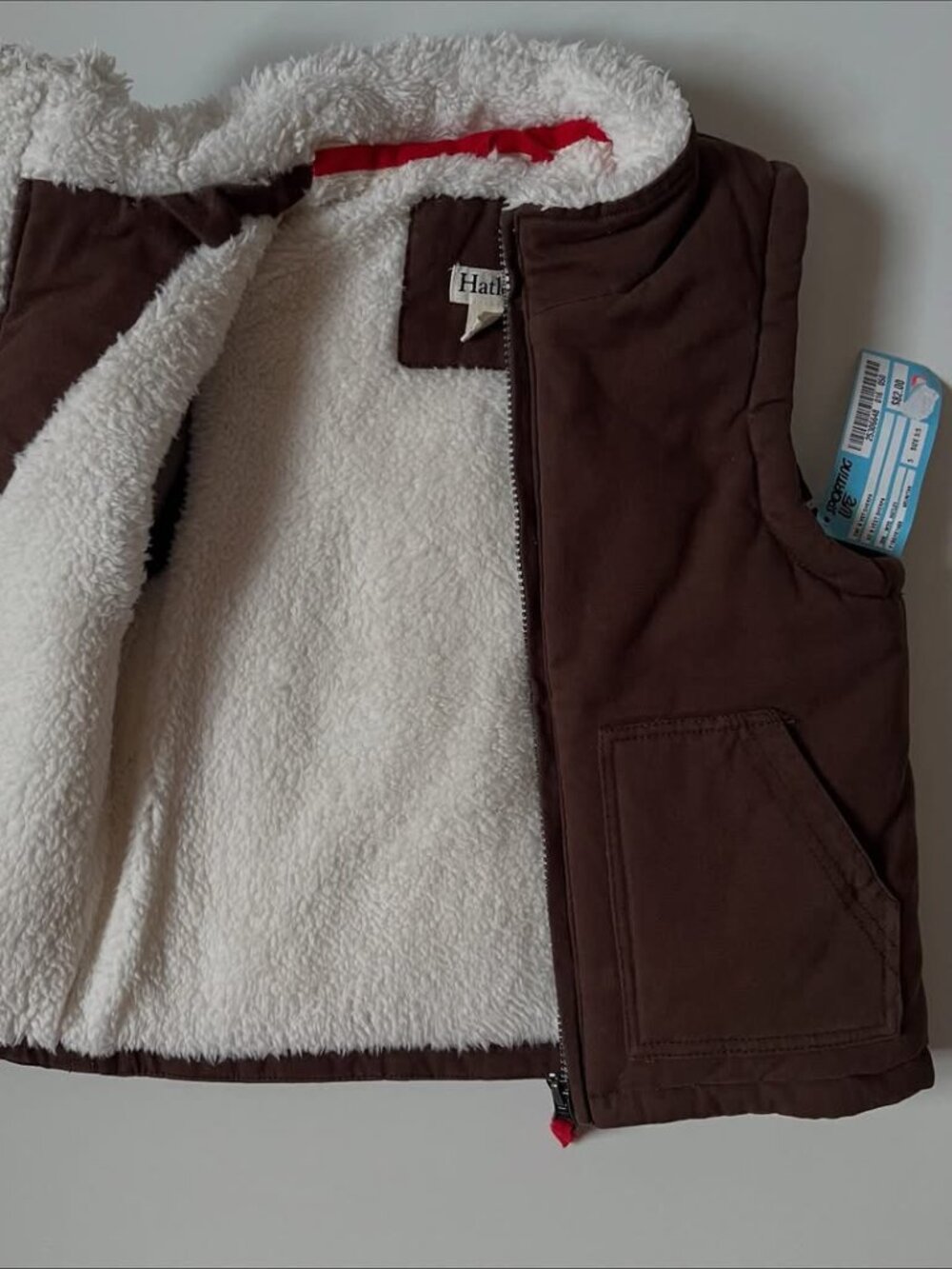 Kids unisex, size 5, brown faux fur lined zipper vest, new with tags
